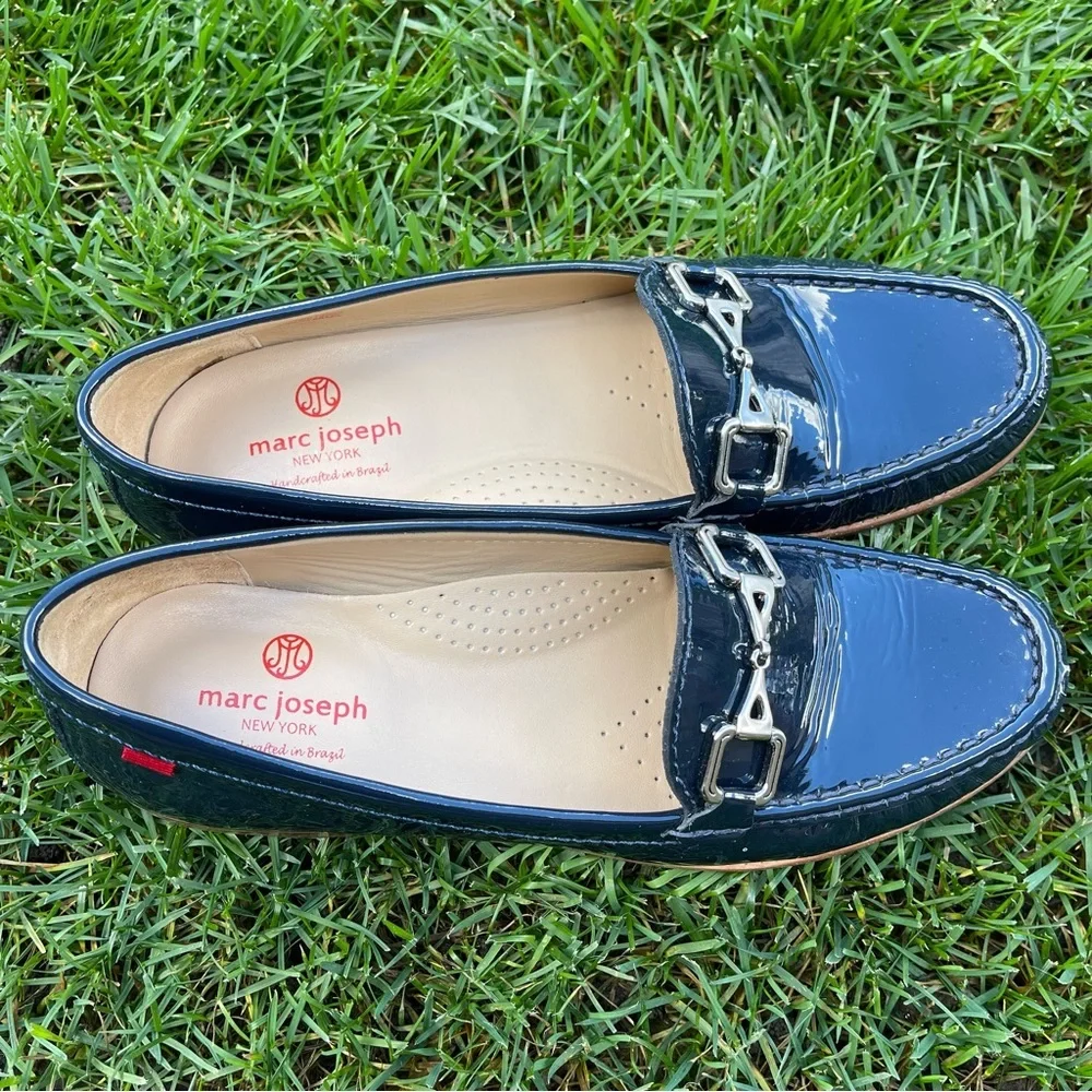 Marc Joseph New York Park Ave Navy Patent Leather Bit Loafers Driver Shoes Sz 10